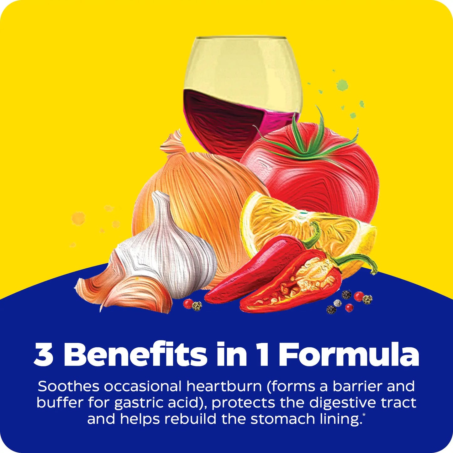 advertisement for heartburn soothe chewable, 3 benefits in 1 formula